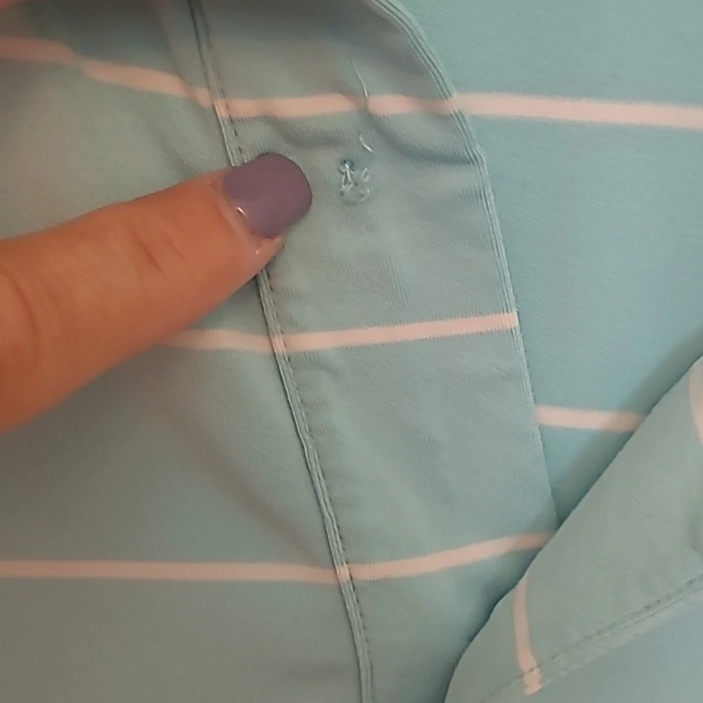 Peter Millar size Large Summer Comfort Aqua White Striped Golf Shirt Flaw